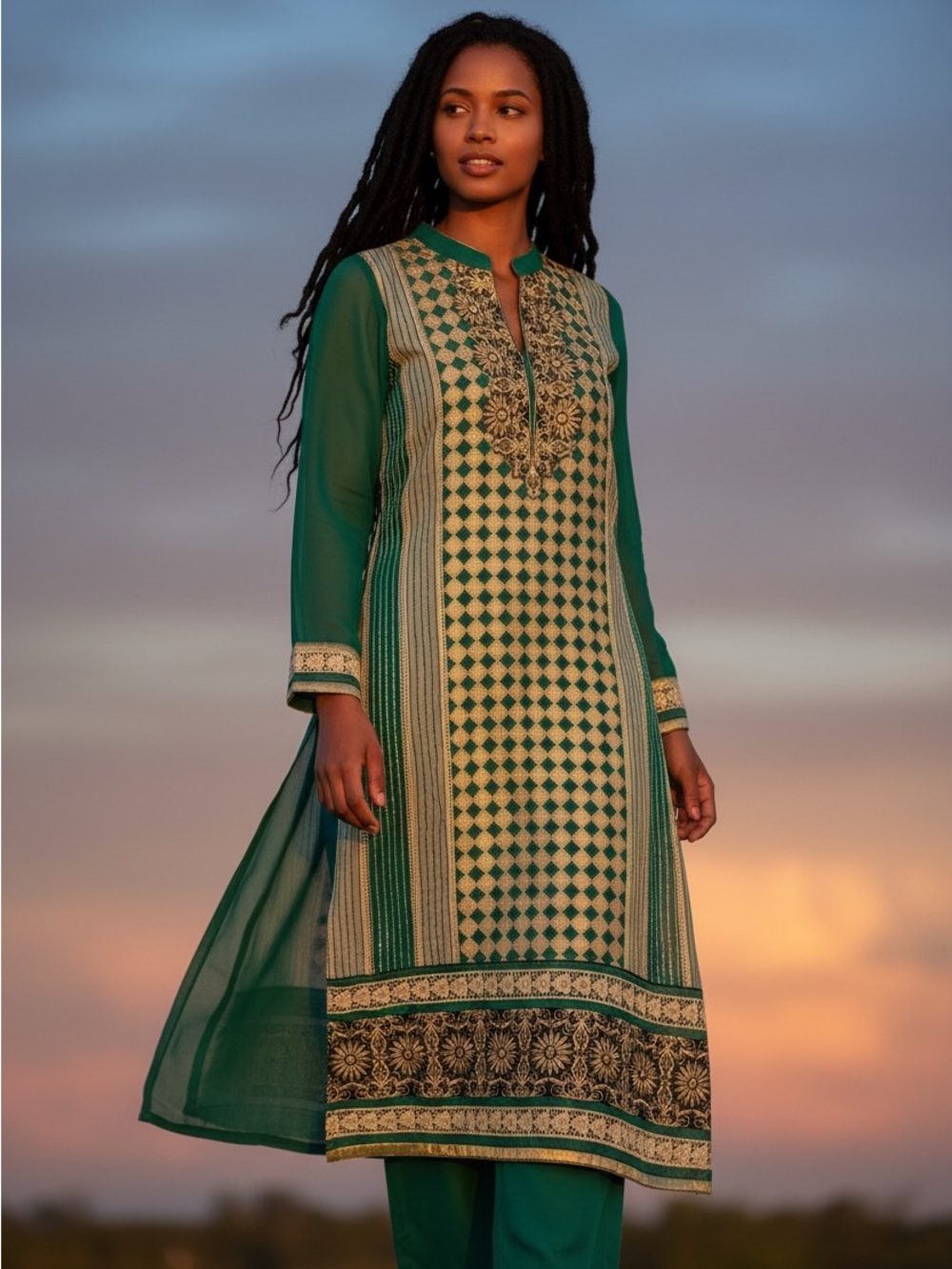 Green Embroidered Long Sleeve Tunic Top